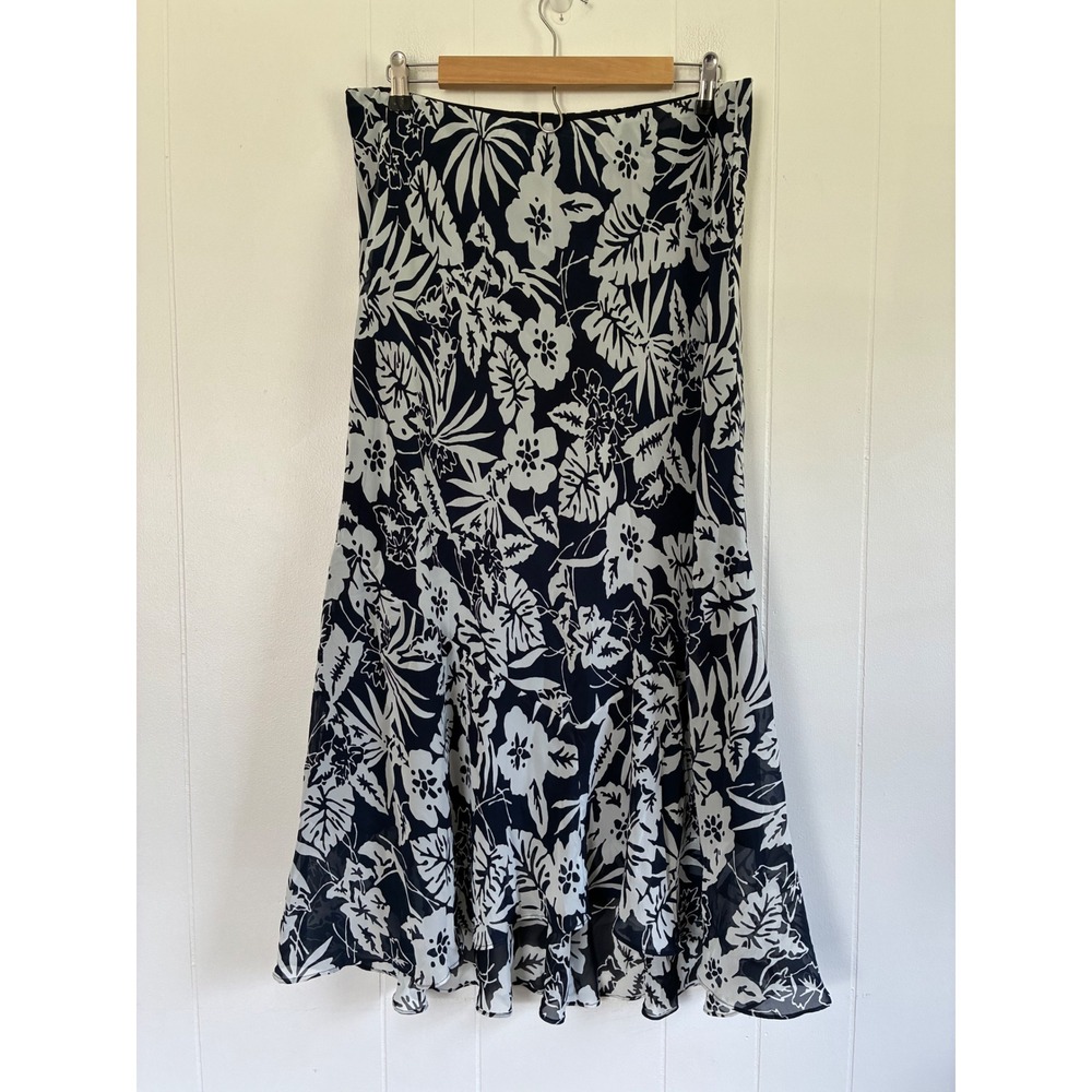 Chaps Navy White Floral Maxi Skirt Womens Large Tropical Chiffon Tiered Boho
